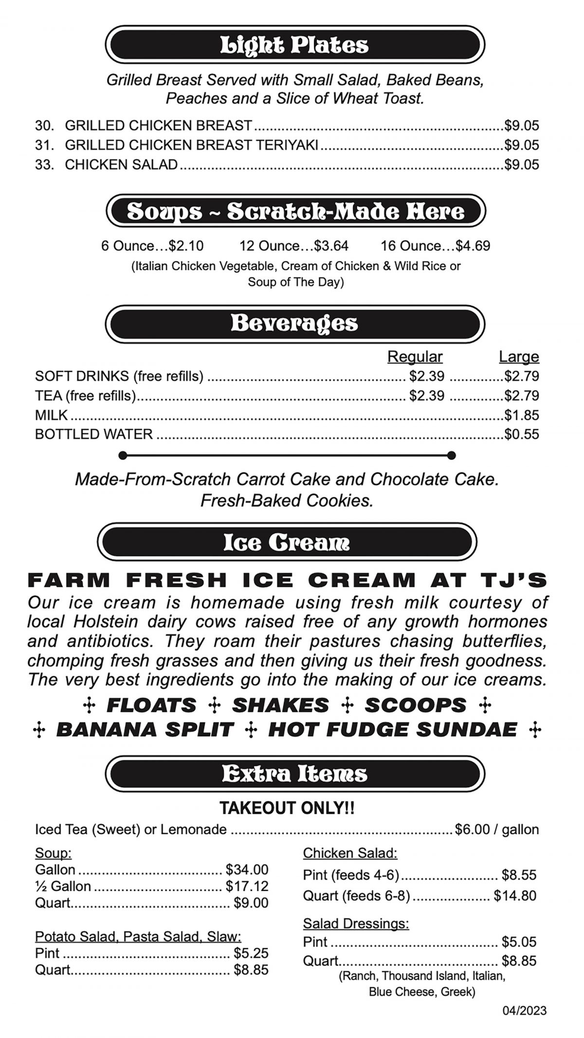 Menu TJ's Deli & Grill
